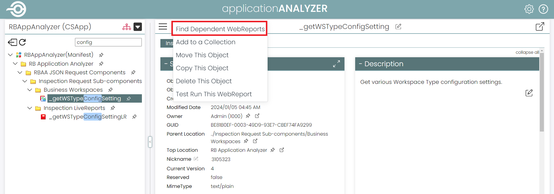 2 Find Dependent WebReports - menu option
