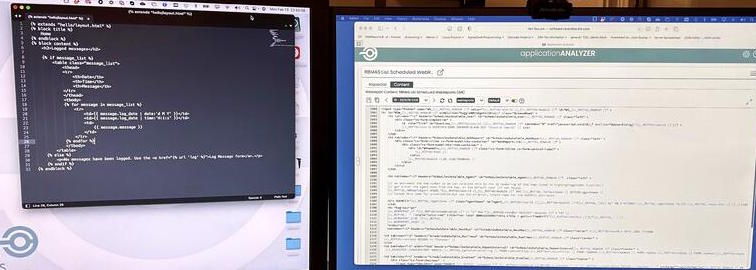 Two monitors showing two programming languages